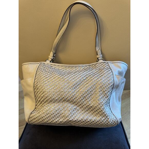 Coach Park Woven Leather Zip Top Tote, in White With Silver - Picture 2 of 16